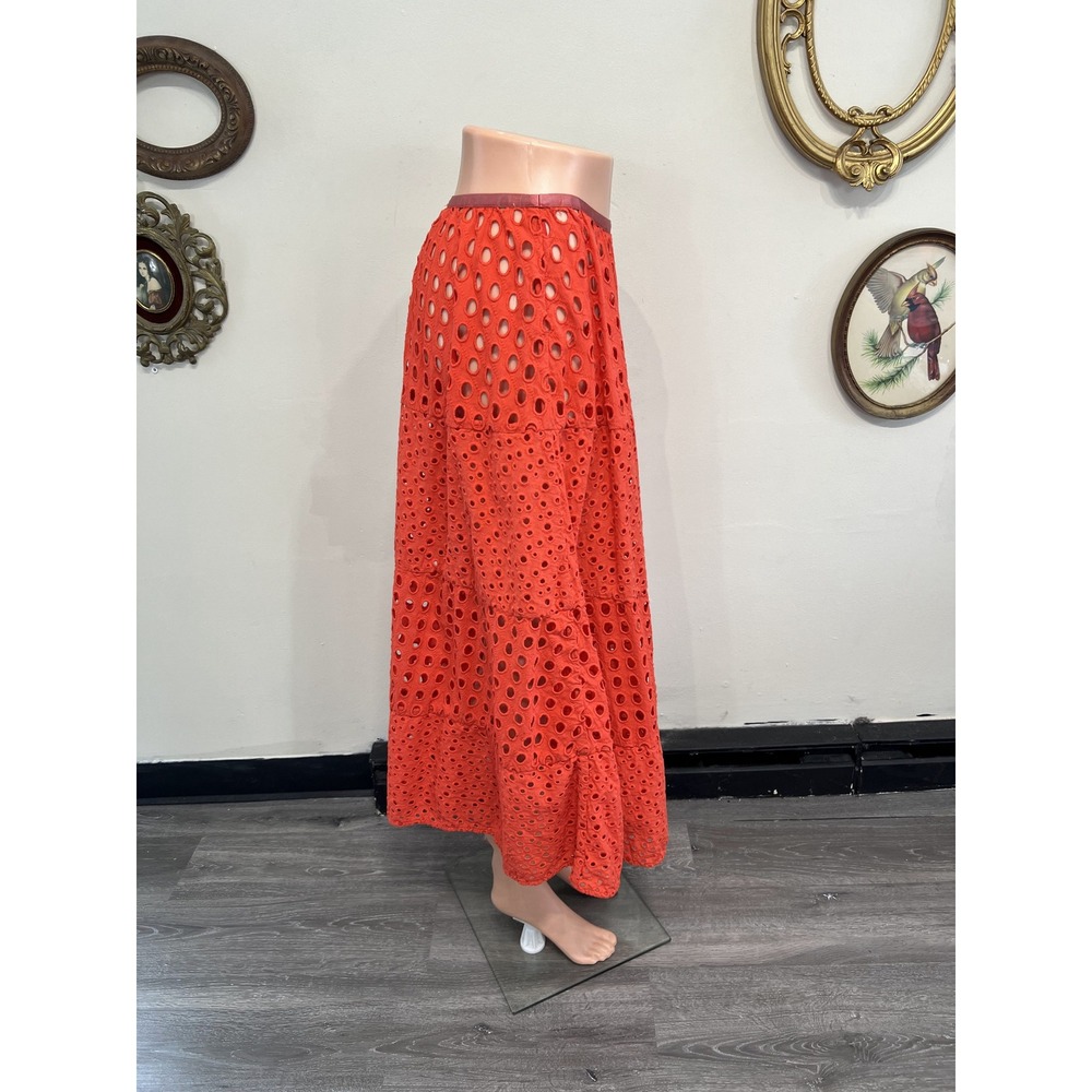 Solid & Striped Red Eyelet Cutout Tiered Midi Skirt Size Small - Picture 2 of 4